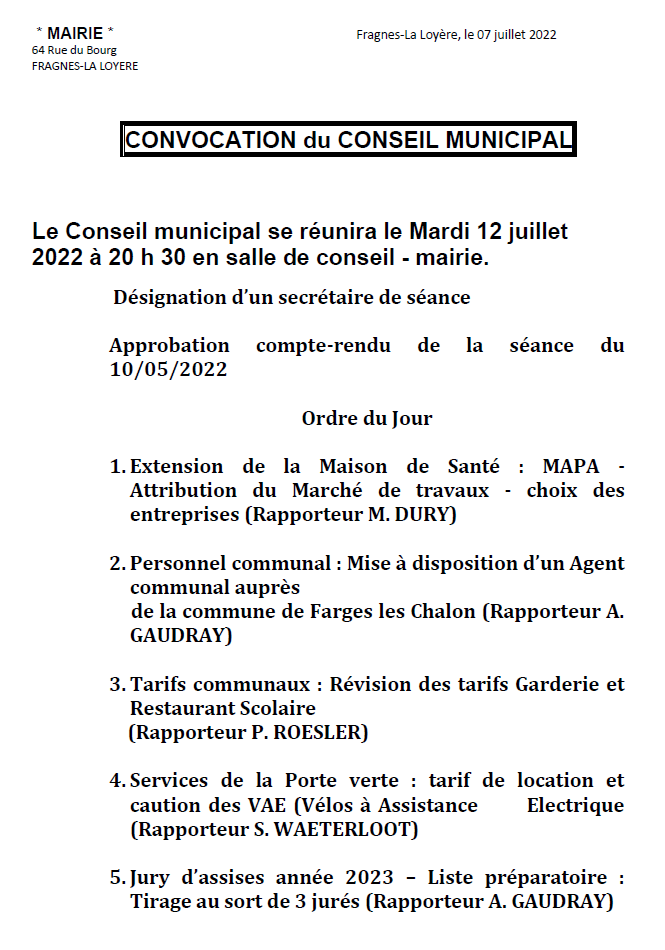 ORDRE DU JOUR SEANCE CONSEIL MUNICIPAL 12.07.2022